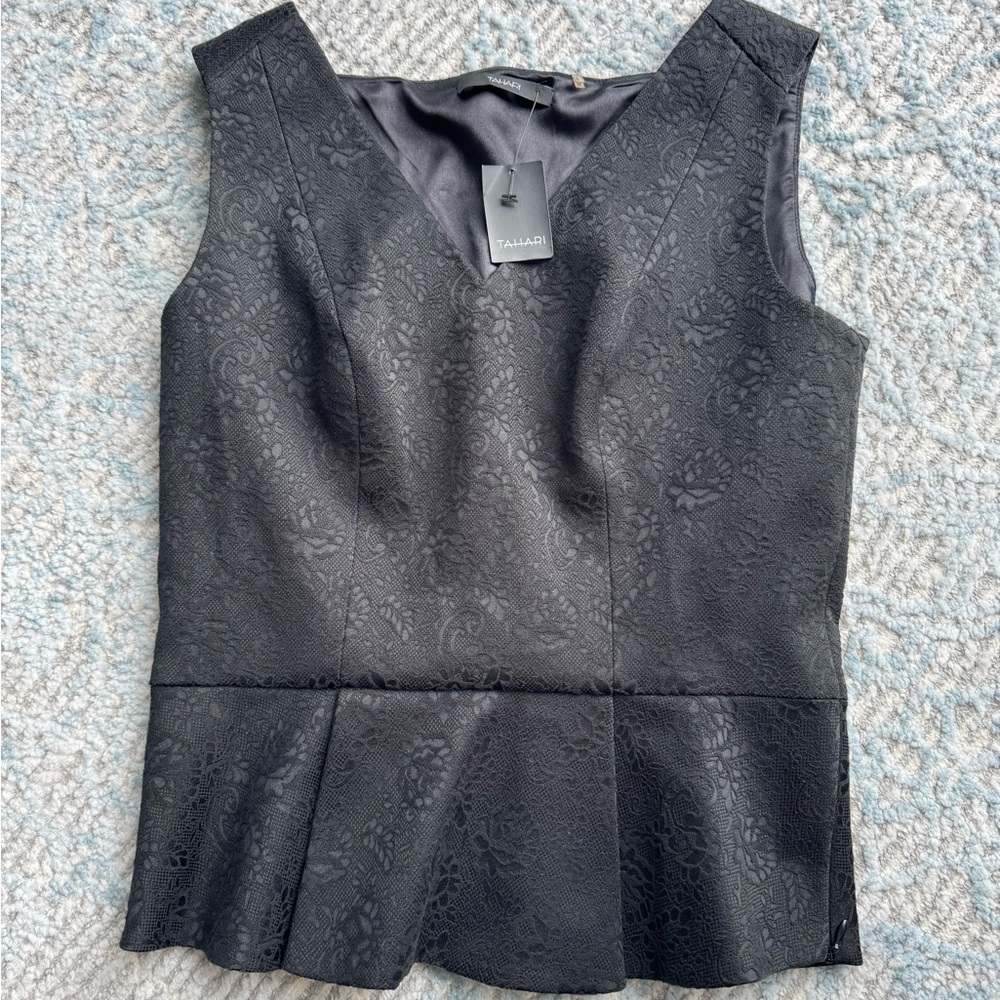 Tahari Black Peplum Blouse with Tie Detail